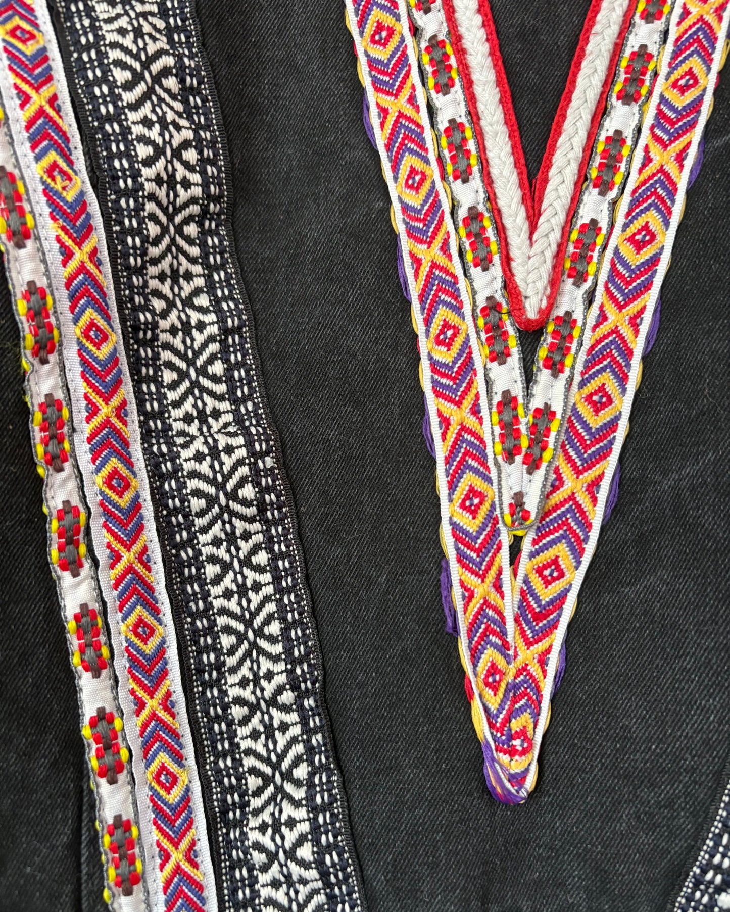 Close-up of a black fabric with colorful embroidered patterns