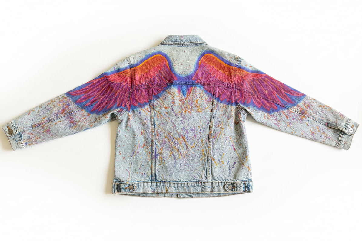 Back of a hand-painted denim jacket featuring large bird wings in orange, pink, and purple painted across the shoulders and down the arms, with coordinating paint splashes extending under the wings and along the arms. Unique upcycled wearable art, one-of-a-kind design.
