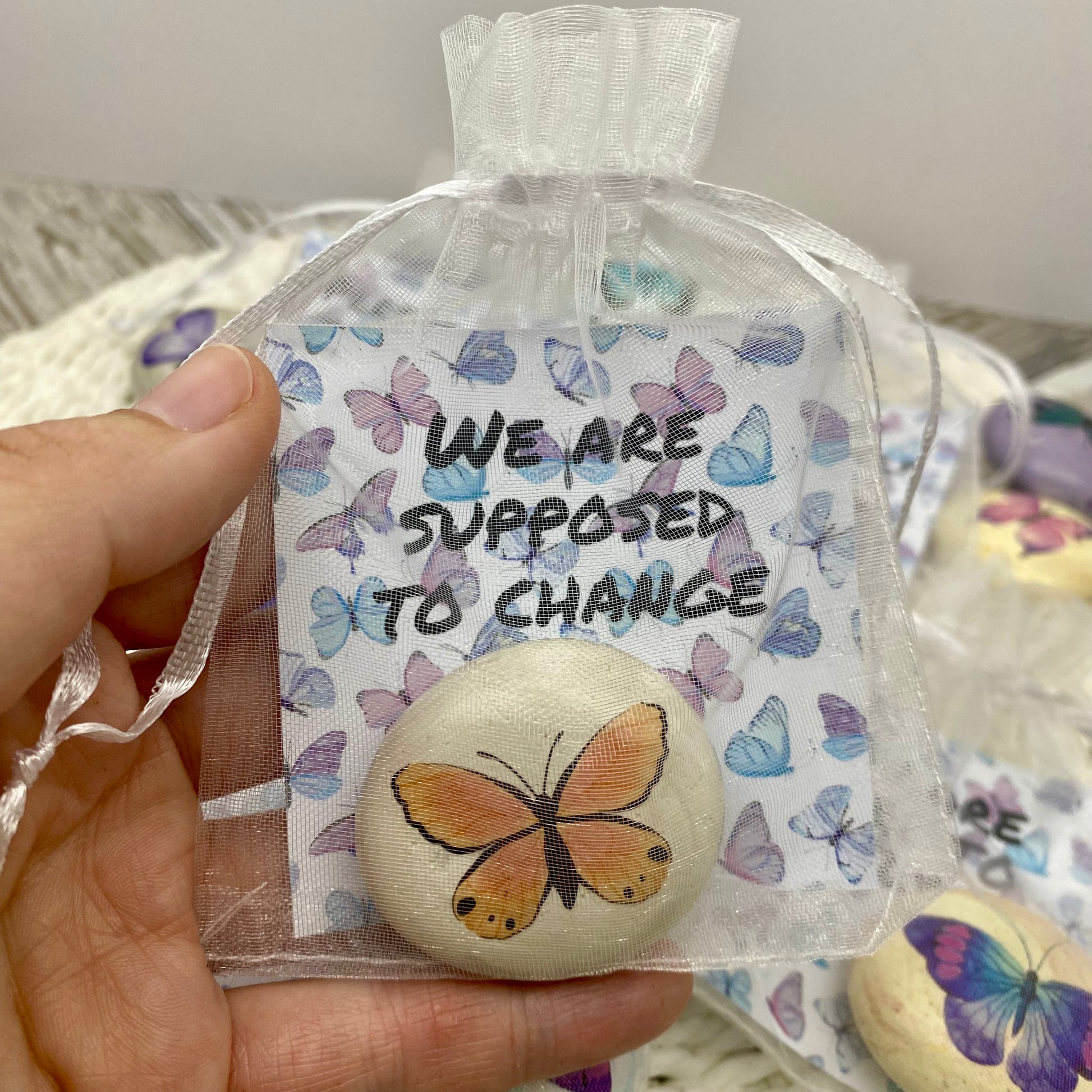 Orange butterfly decal on a marbled pebble with an affirmation card reading "We are supposed to change" in an organza bag