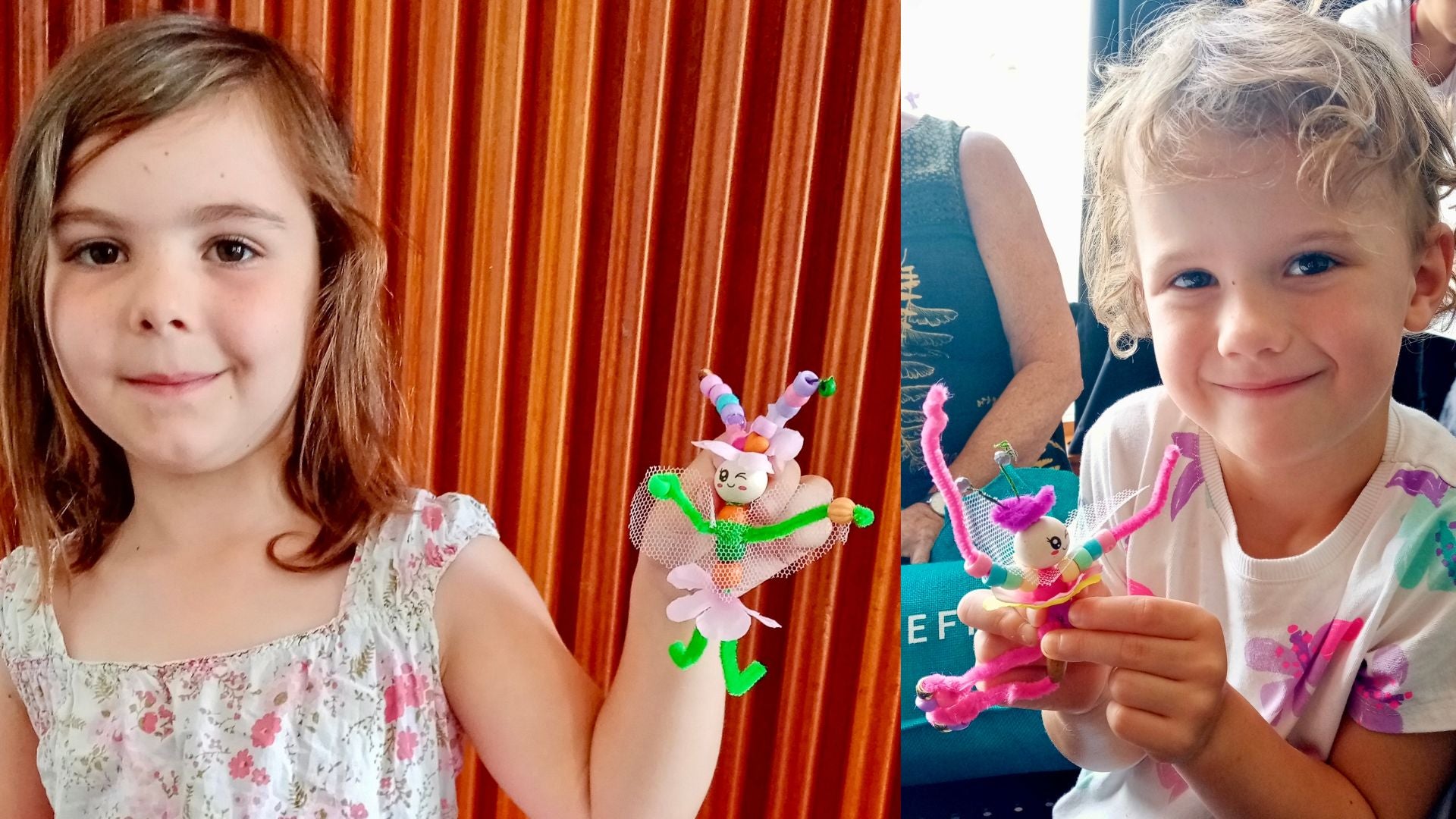 2 pipe cleaner and bead fairy creatures being held by the children that made them