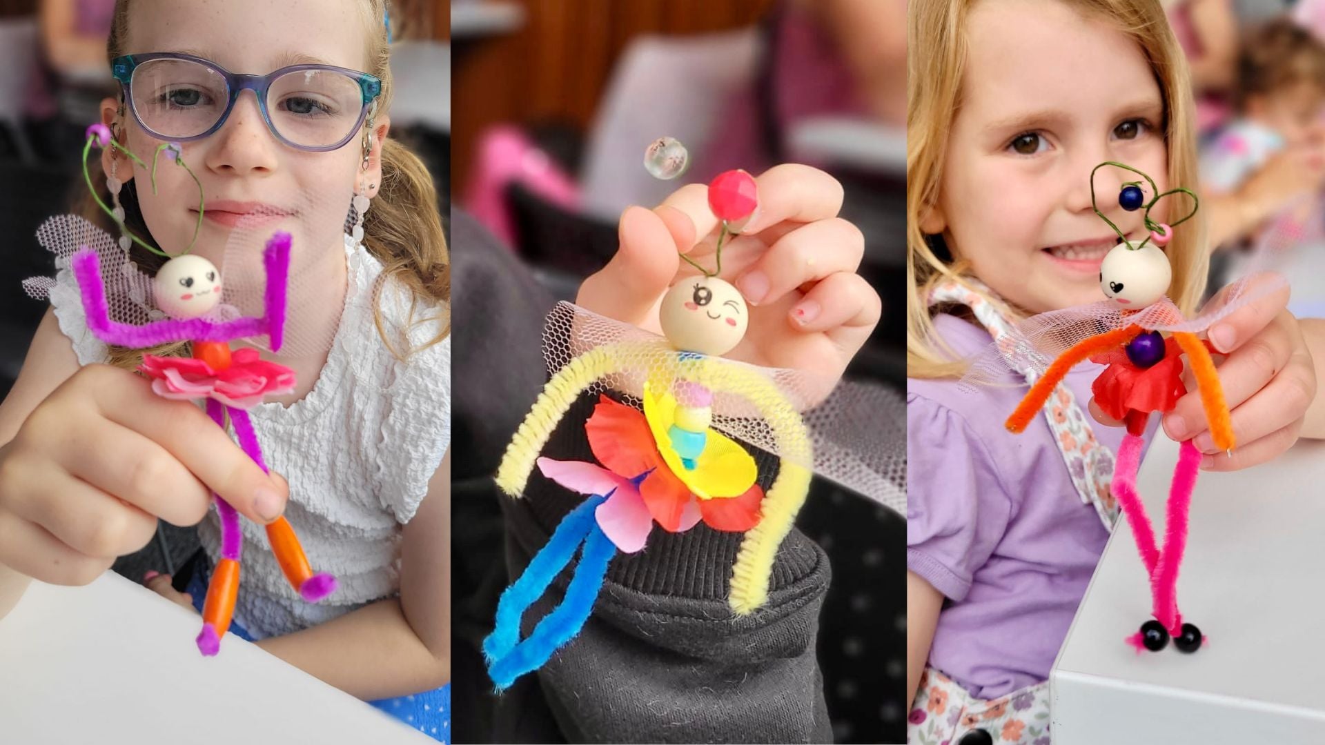 3 different pipecleaner and bead fairies being held by the children that made them