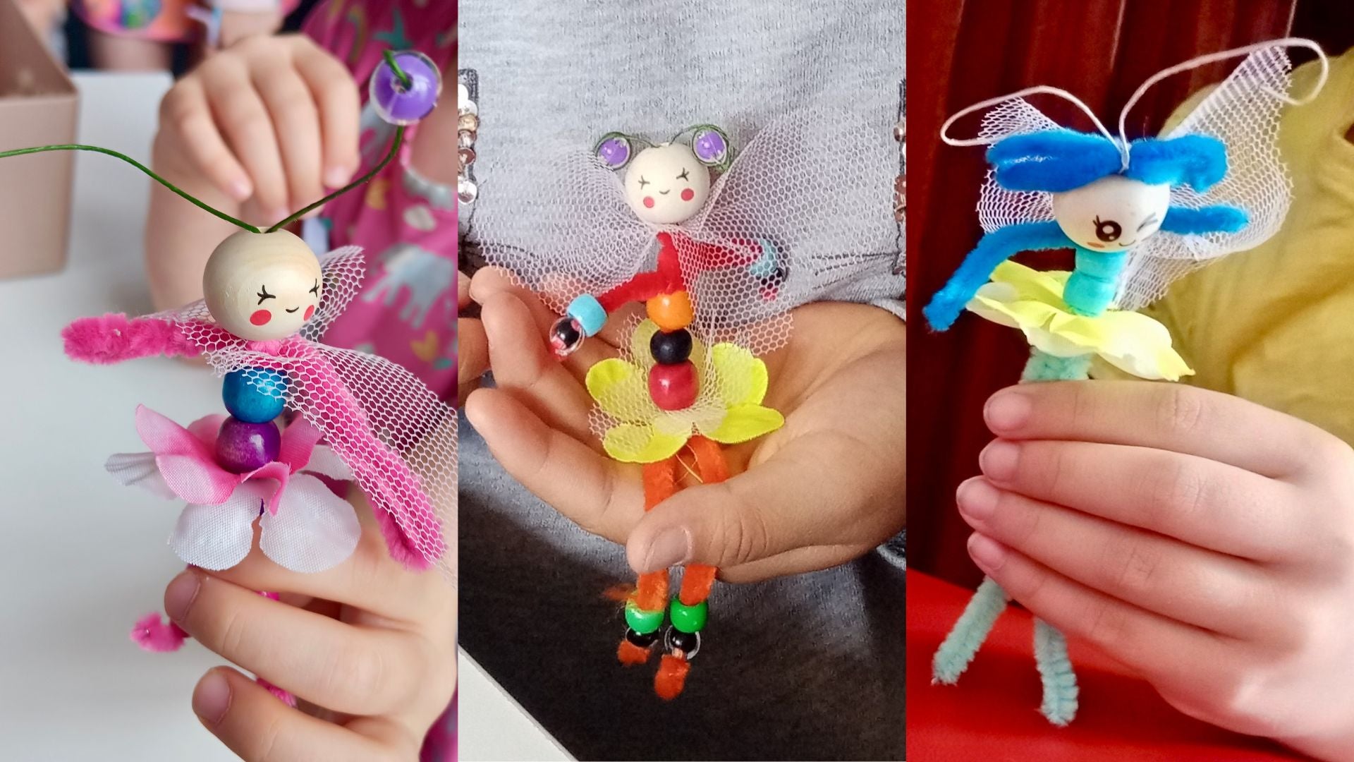 Three colourful fairy creatures made from bead and pipe cleaners being held by children's hands