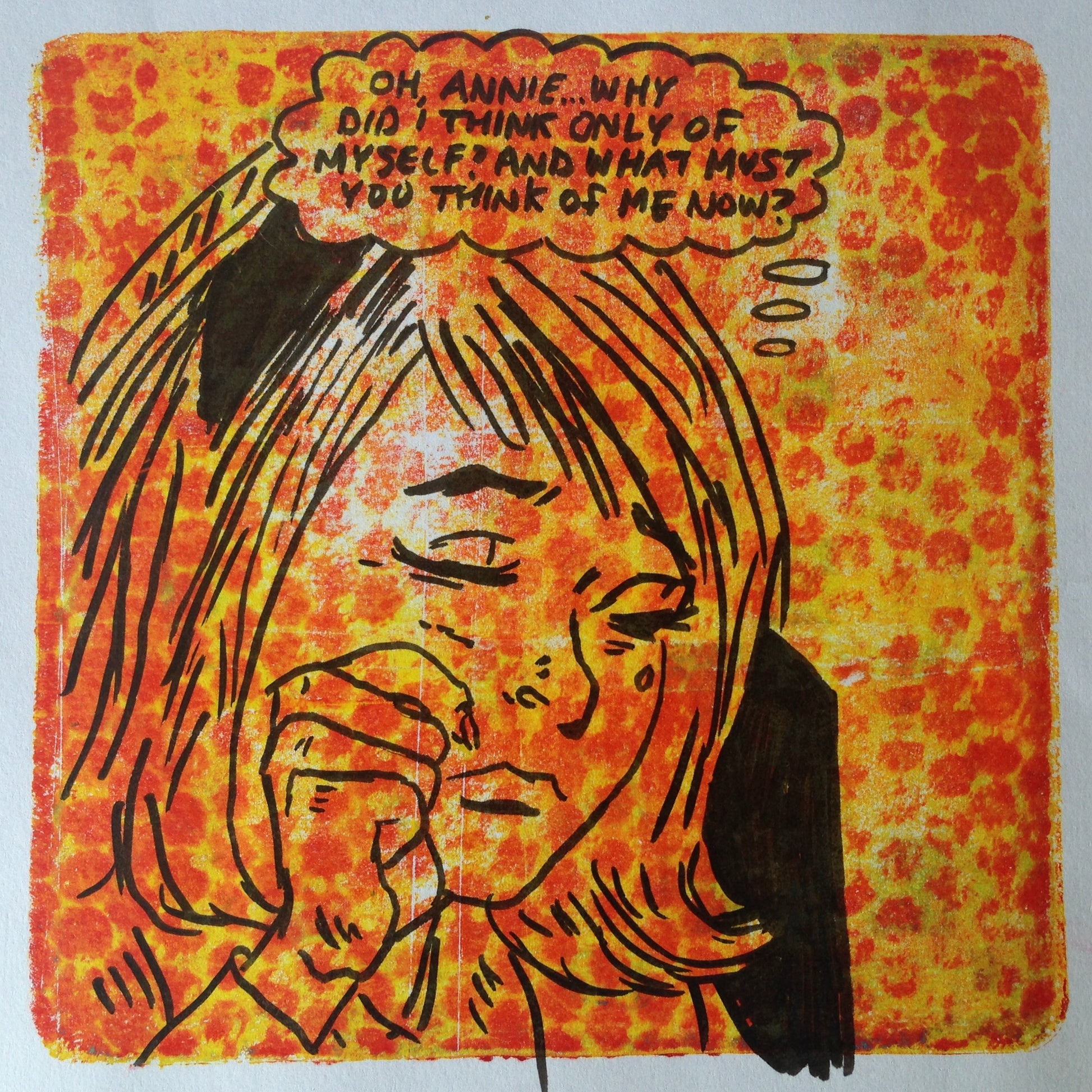 Yellow, red and black monoprint of a vintage inspired female character