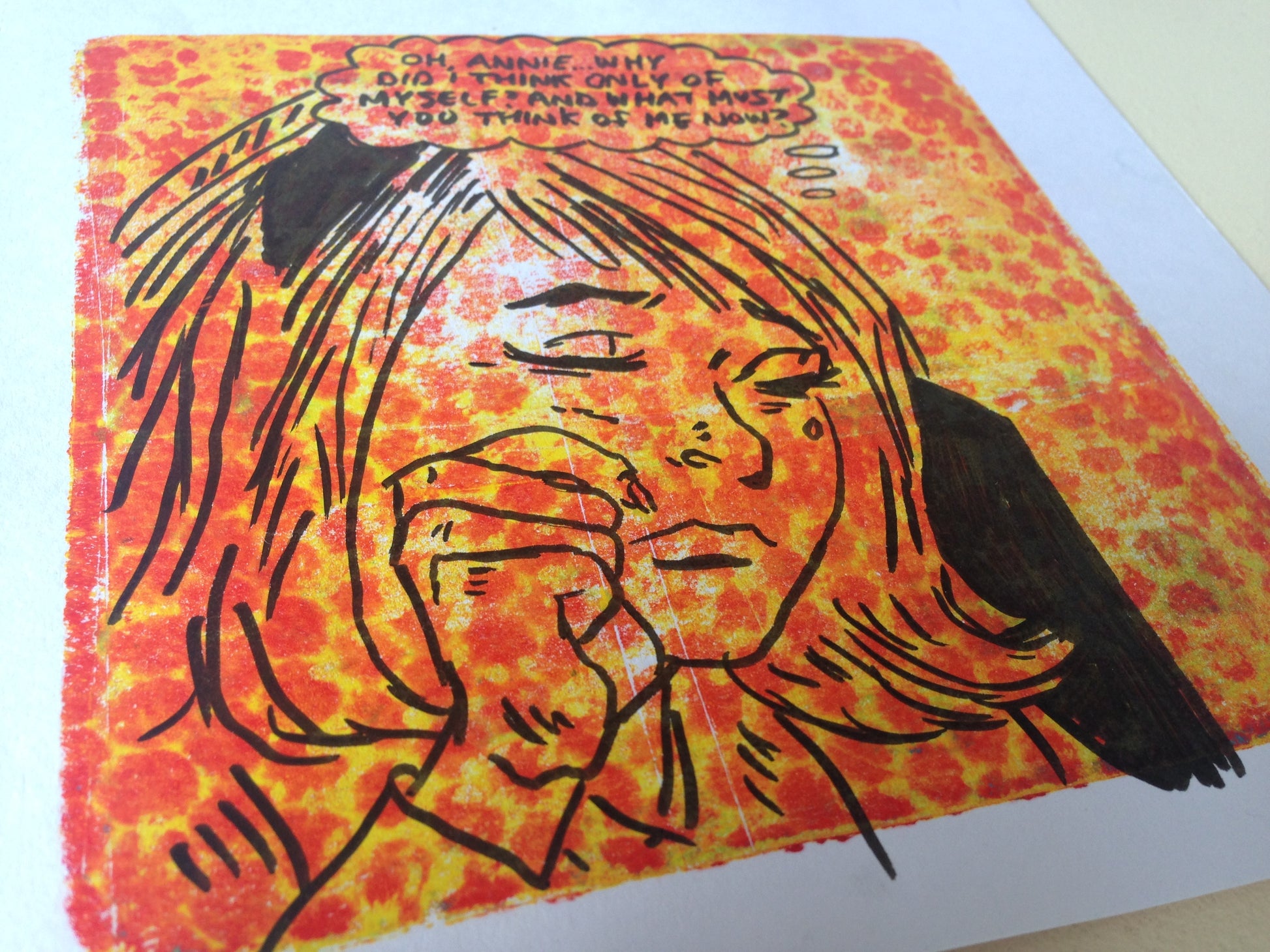 Yellow, red and black monoprint of a vintage inspired female character