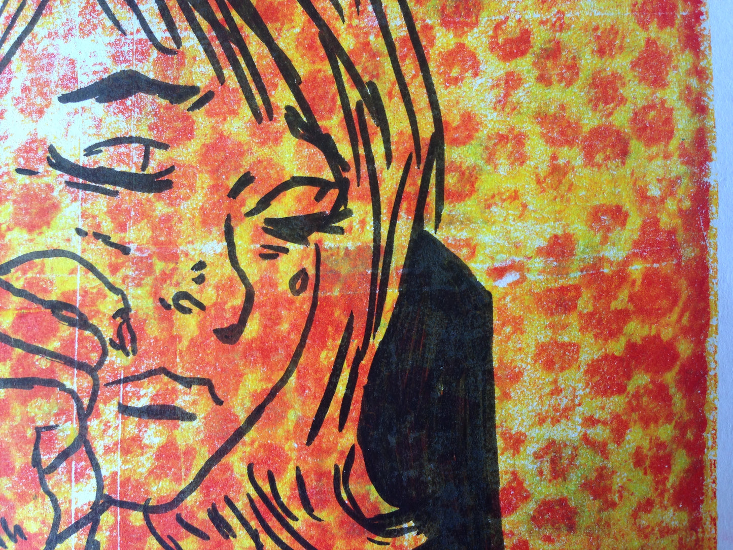Yellow, red and black monoprint of a vintage inspired female character