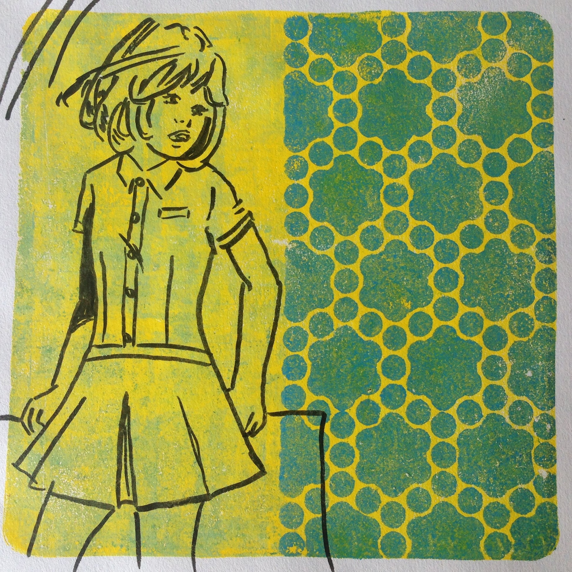 Yellow, green and black monoprint of a vintage inspired female character