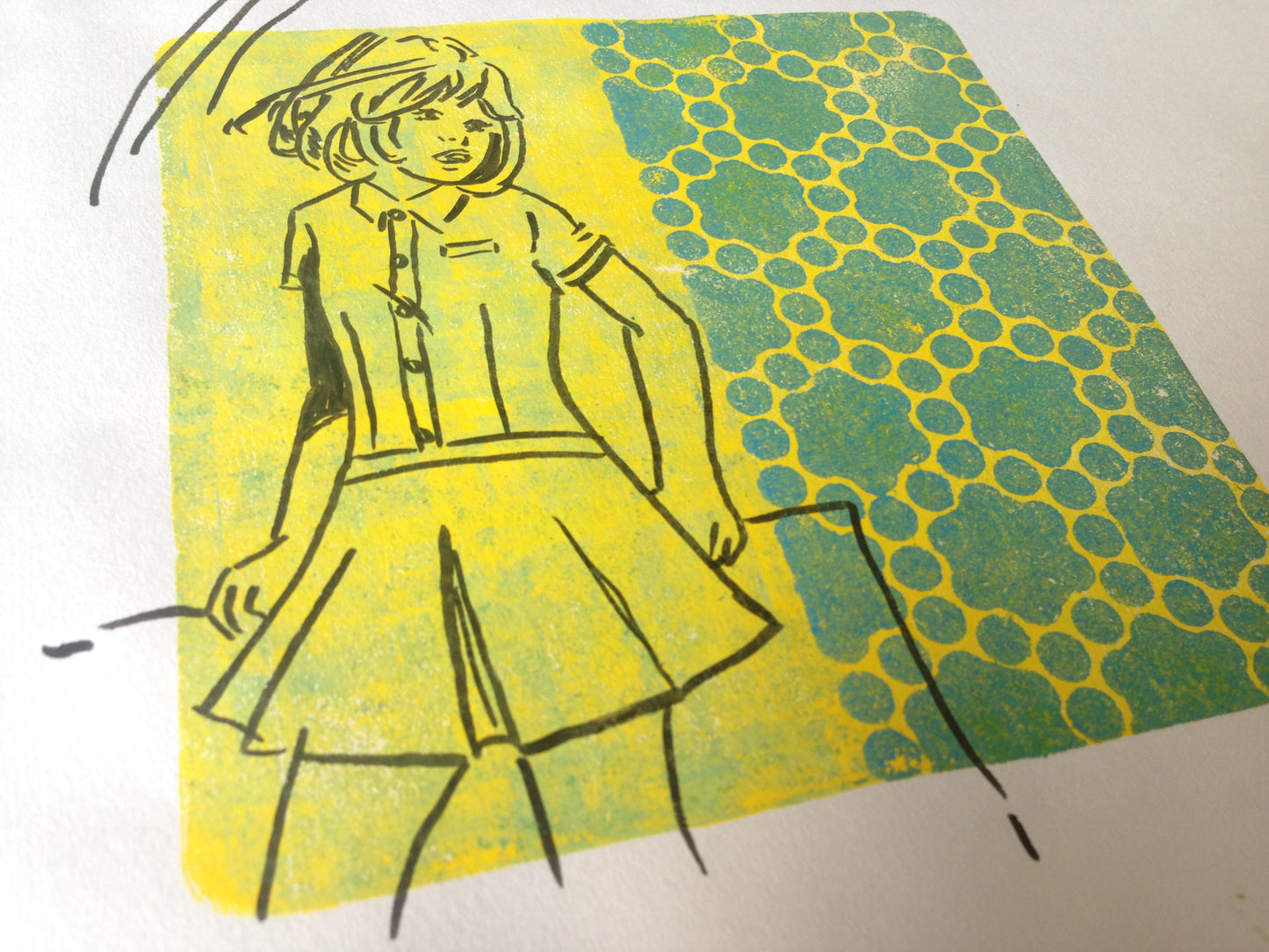 Yellow, green and black monoprint of a vintage inspired female character