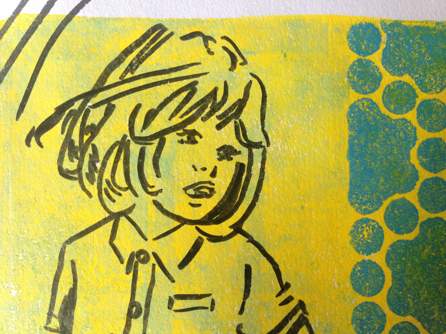 Yellow, green and black monoprint of a vintage inspired female character