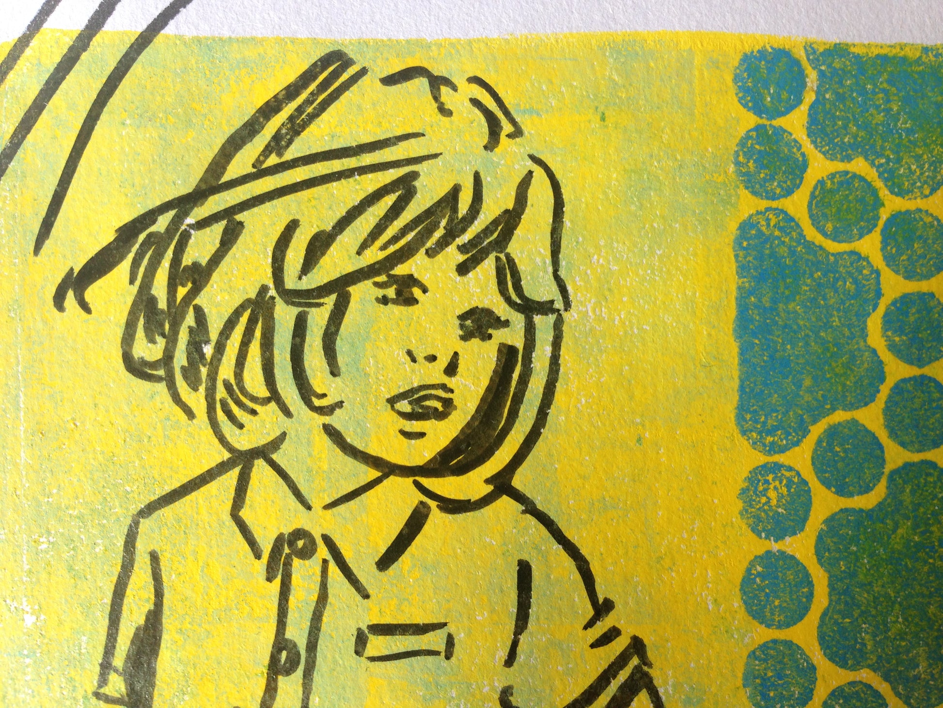 Yellow, green and black monoprint of a vintage inspired female character