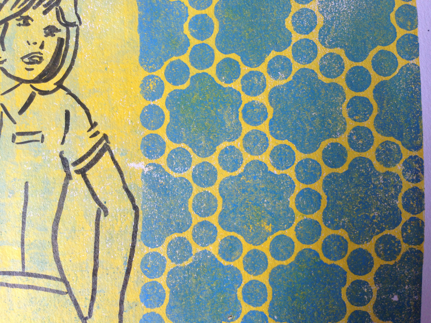 Yellow, green and black monoprint of a vintage inspired female character
