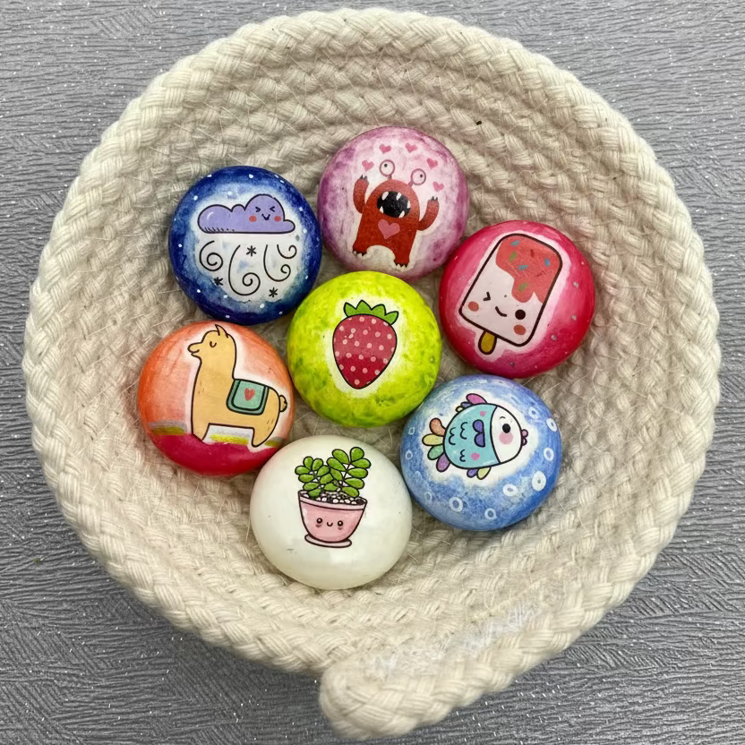 A small white rope bowl containing 7 colourful mini pebbles with various designs on. A love monster, snow cloud, strawberry, ice lolly, alpaca, cute pot plant and rainbow fish.