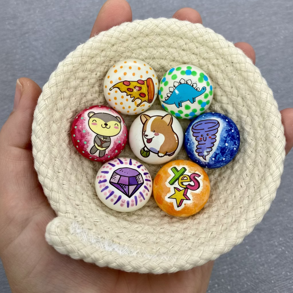 A hand holding a small white rope bowl containing 7 colourful mini pebbles with various designs on. A pizza slice, a dinosaur, a cute bear, a cartoon dog, a tornado, a purple gem and the word 'Yes'.
