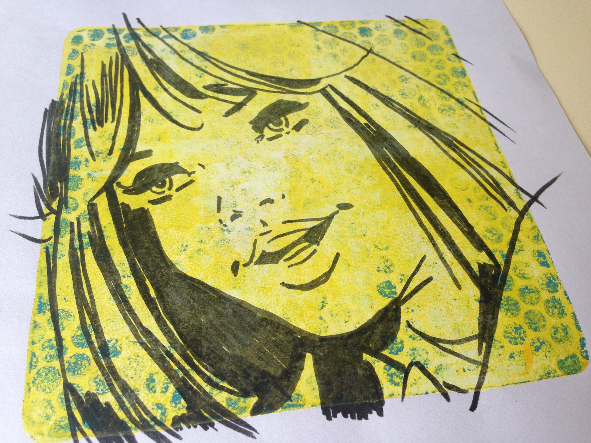 Yellow, green and black monoprint of a vintage inspired female character