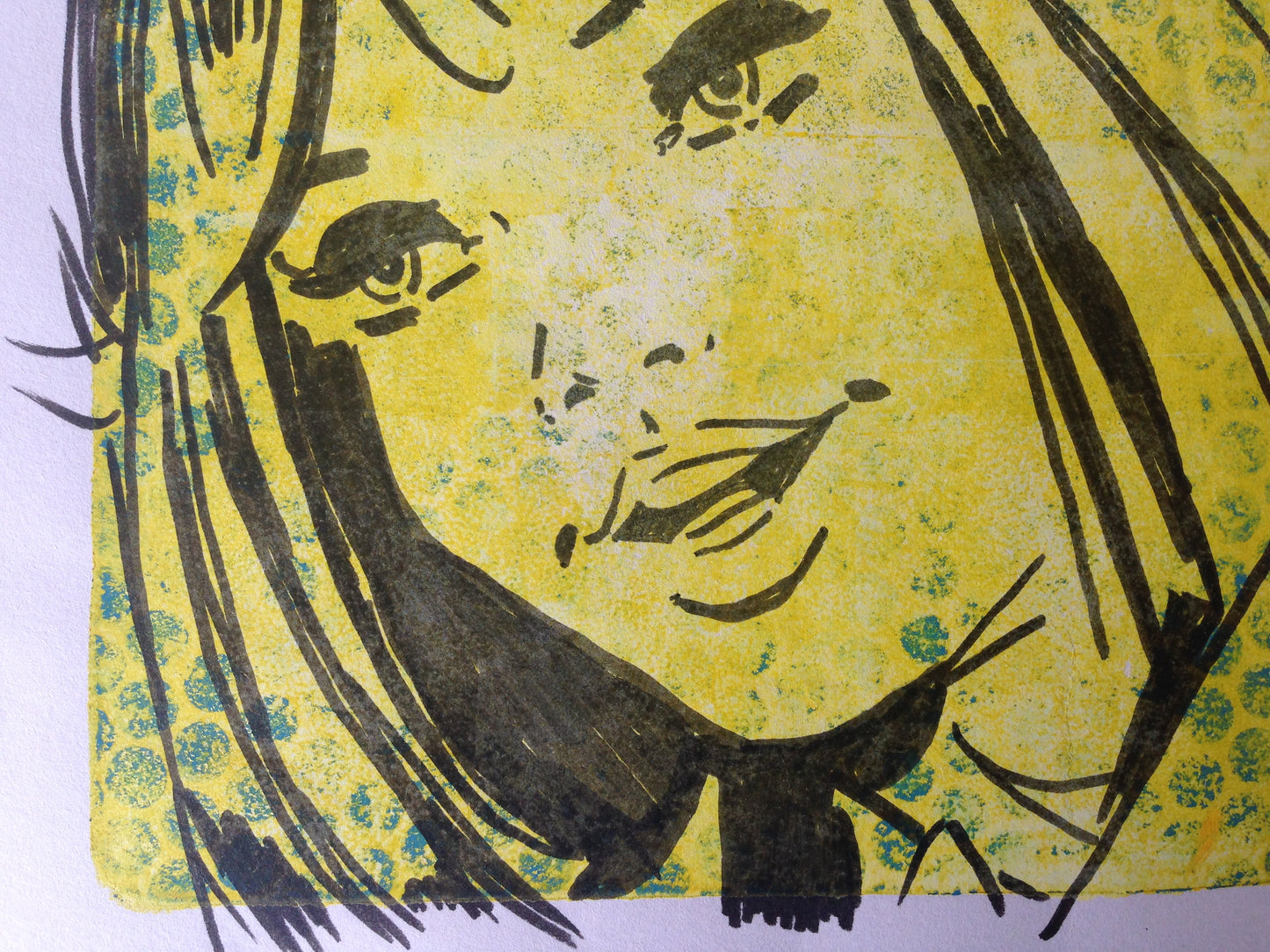 Yellow, green and black monoprint of a vintage inspired female character