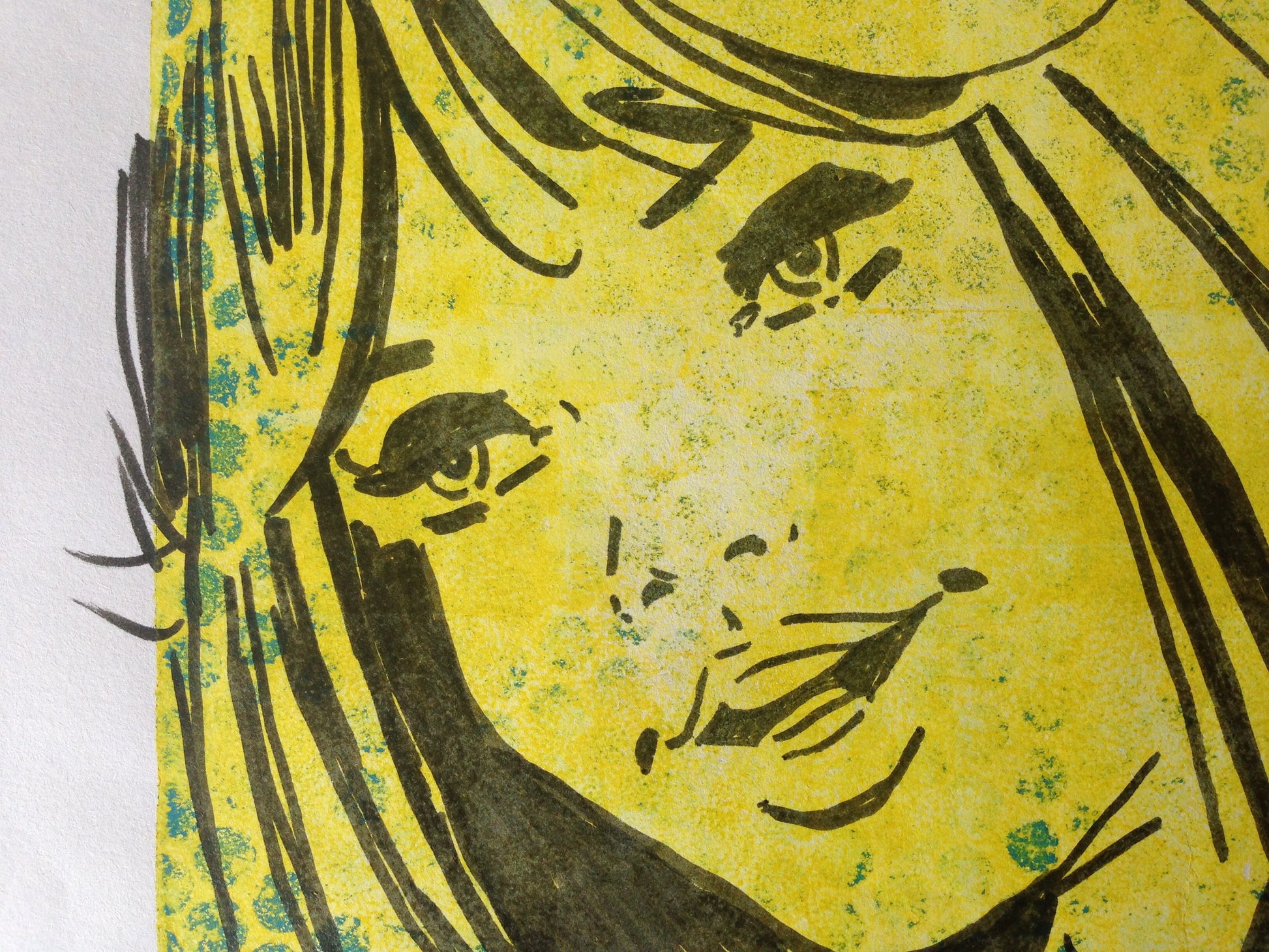 Yellow, green and black monoprint of a vintage inspired female character