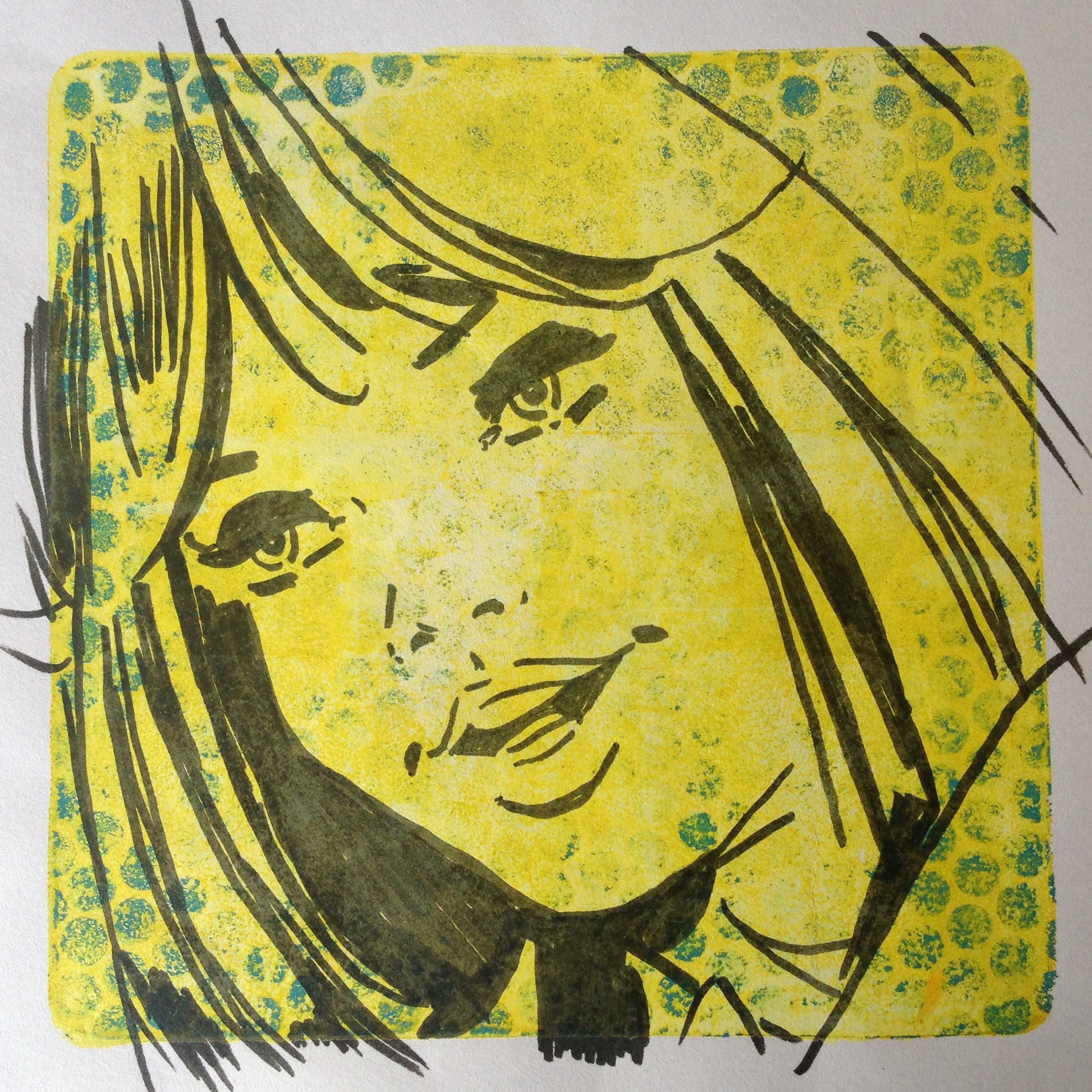 Yellow, green and black monoprint of a vintage inspired female character