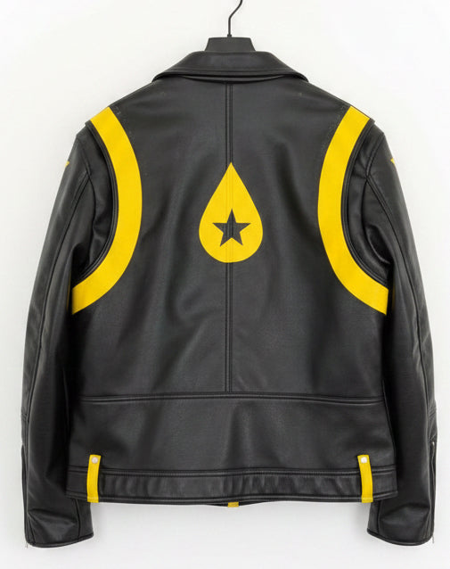 Back of a hand painted black leather jacket with yellow accents on a white background