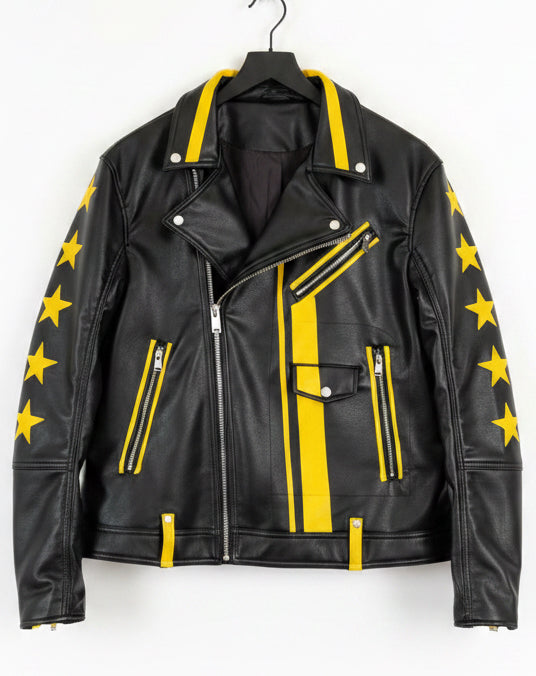 Hand painted black leather jacket with yellow accents and star patterns on a white background