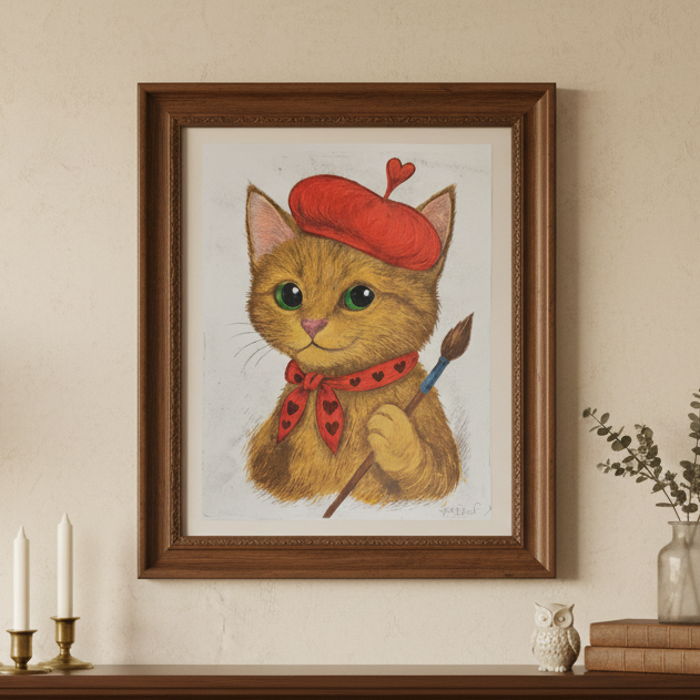 Painting of a Storybook themed cat in a Red beret holding a paintbrush in one paw, framed in a wooden frame and mounted on a wall