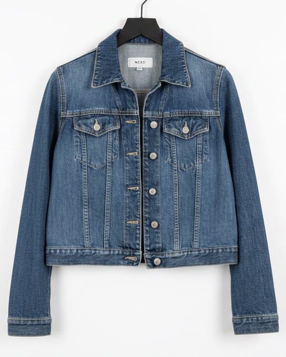 Blue denim jacket on a white background
