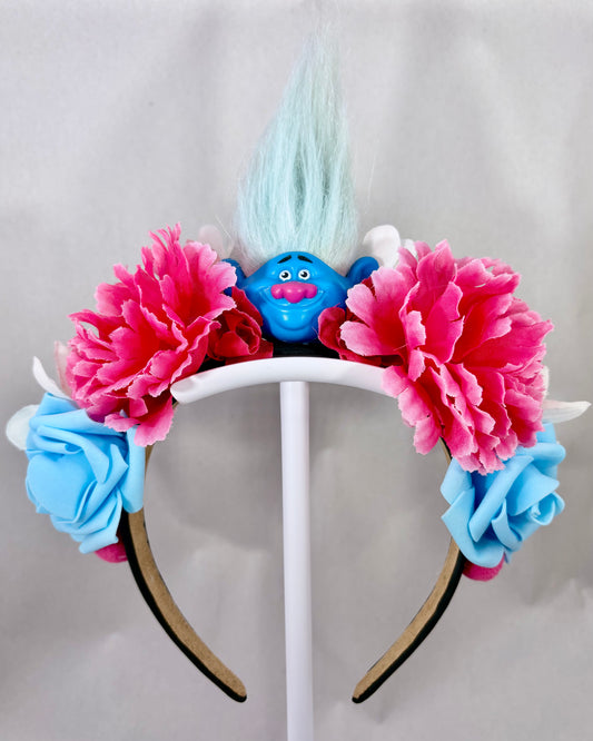 Festival Crown with Blue Troll head and blue and pink flowers