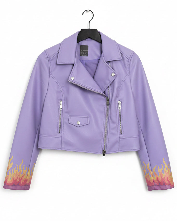 Front of Lilac PU leather jacket with painted flame design on cuffs