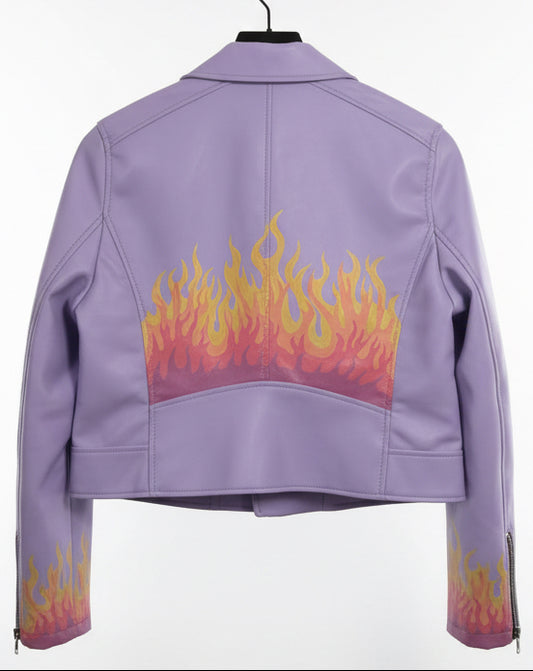 Back of lilac PU leather jacket with painted flame design on back and cuffs