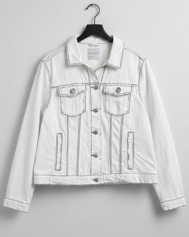 White denim jacket with black outlines painted on
