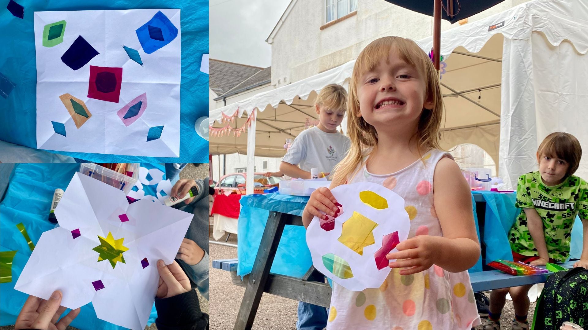 Suncatchers made from paper and coloured acetate being made at a table. One photo of a proud girl holding her creation with children in the background also creating.