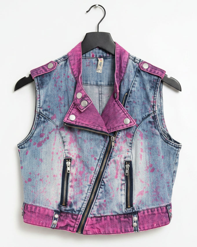 A sleeveless denim biker gilet with an acid wash finish and hot pink painted hems and splatter paint effect.