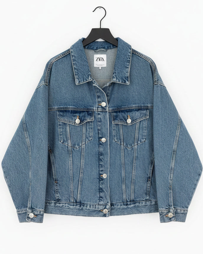 Blue denim jacket on a hanger against a white wall.