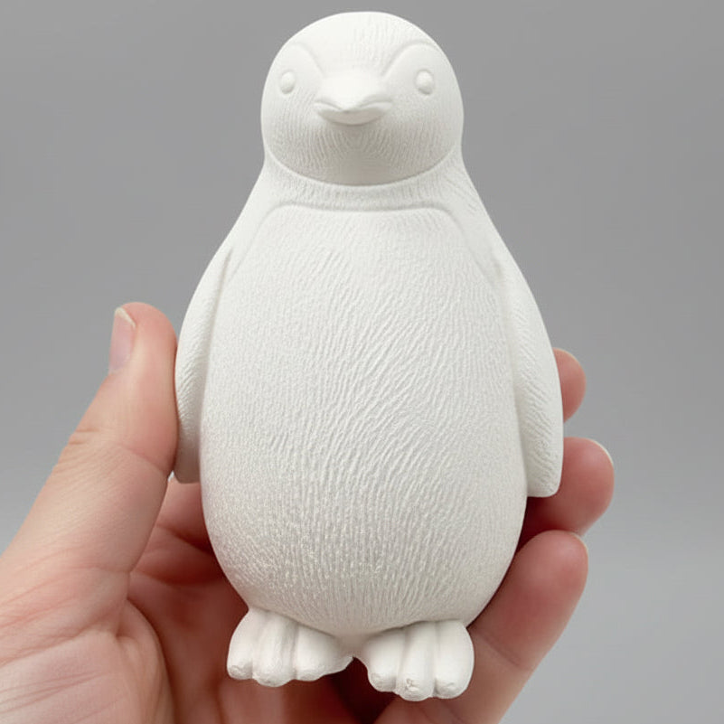 White plaster cast penguin figurine held by a hand