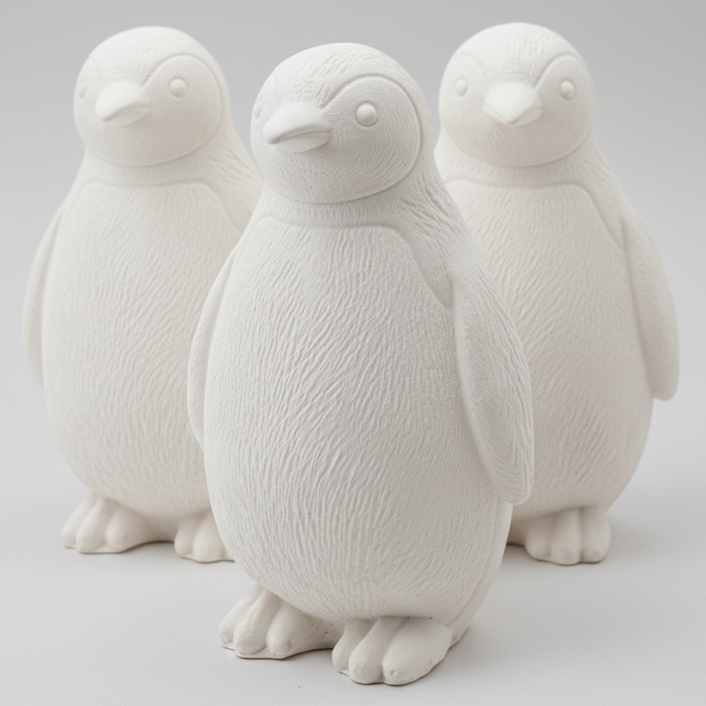 3 white plaster cast penguin figurines