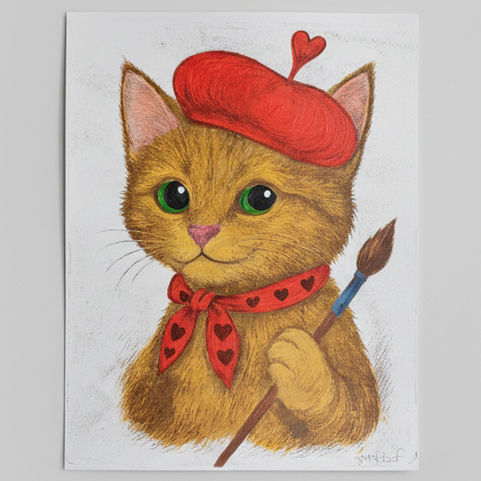 Painting of a Storybook themed cat in a Red beret holding a paintbrush in one paw