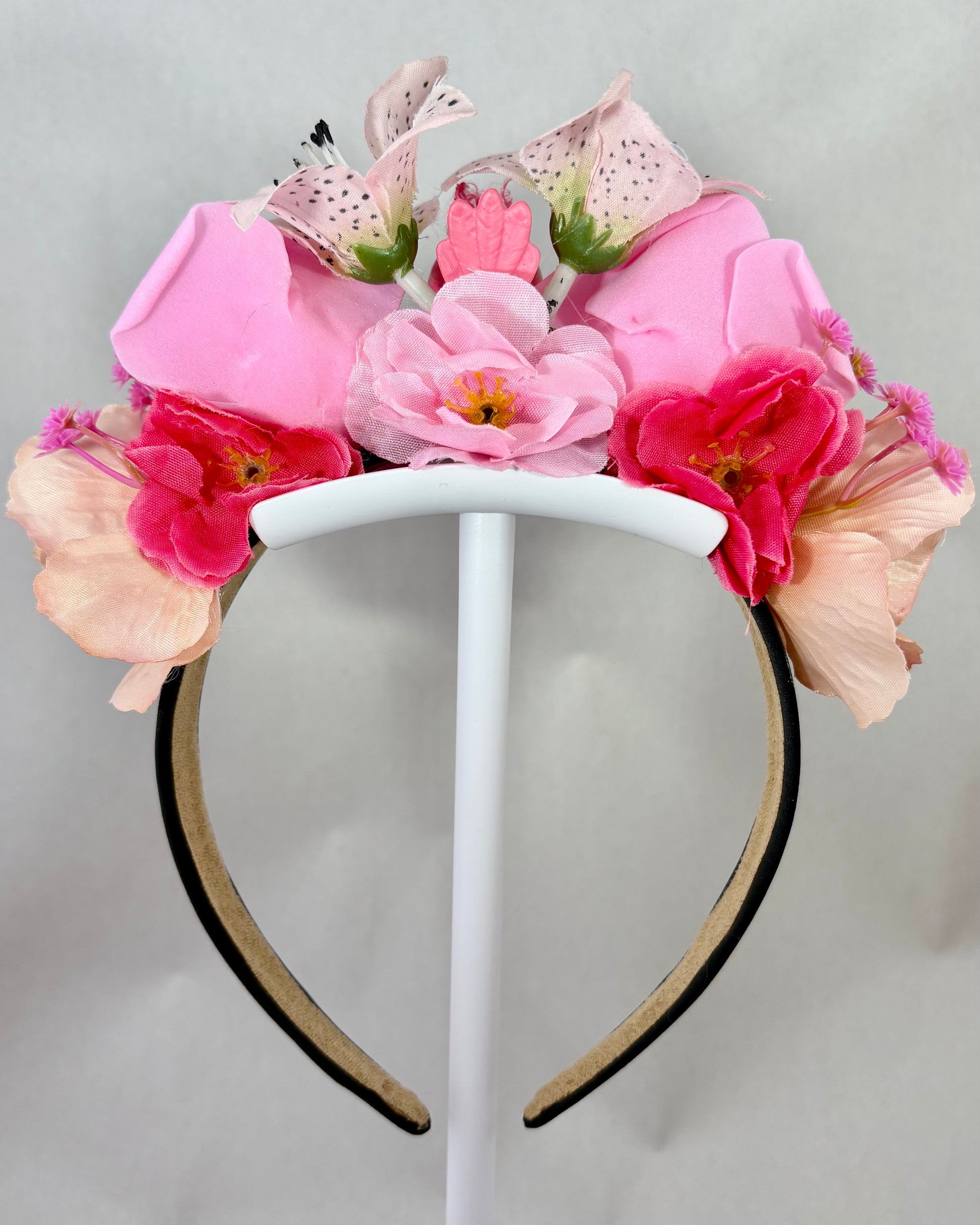 Back of Floral headband with pink and peach flowers 
