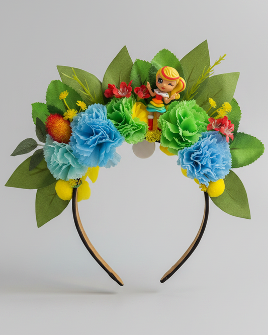 A colorful floral headband featuring green leaves, blue and pink flowers, and a toy figure wearing a rainbow dress with blonde hair.