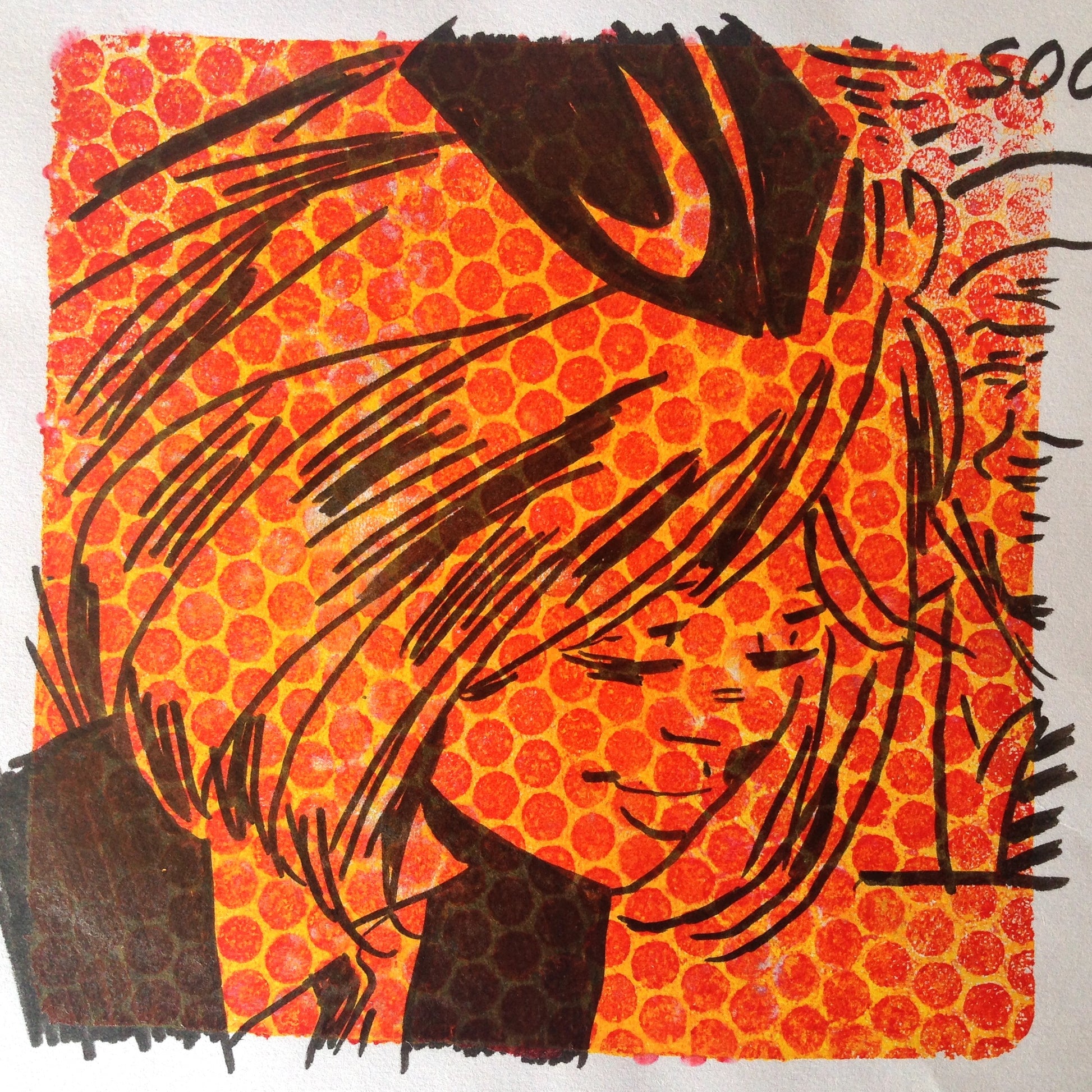 Yellow, red and black monoprint of a vintage inspired female character