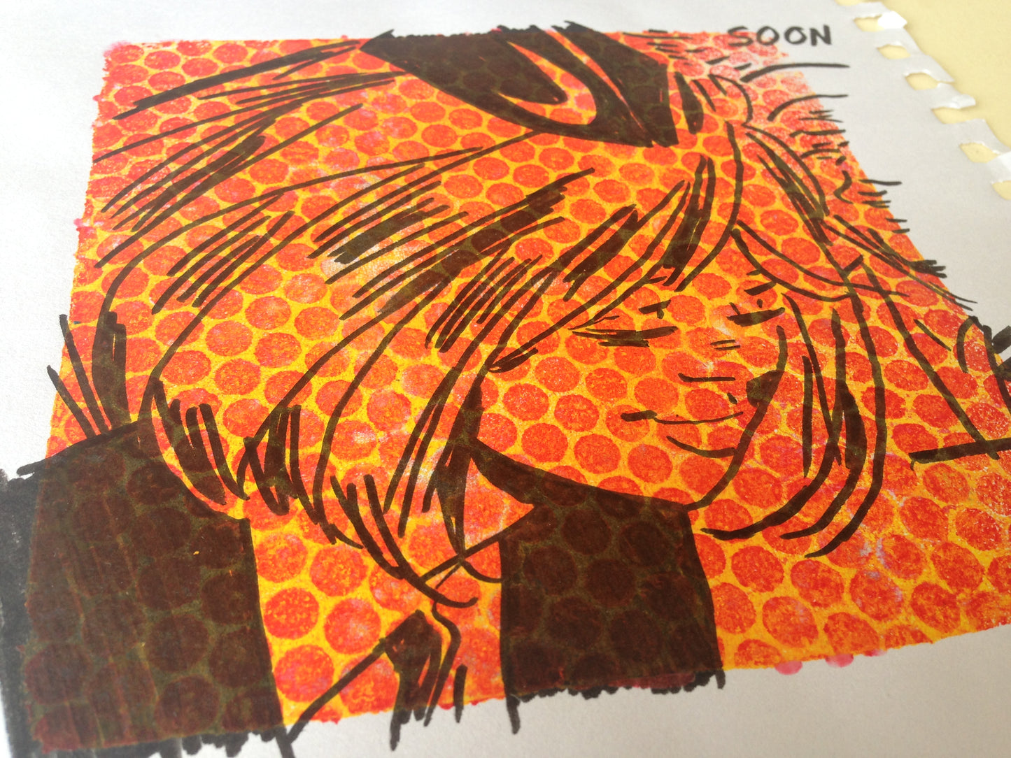 Yellow, red and black monoprint of a vintage inspired female character