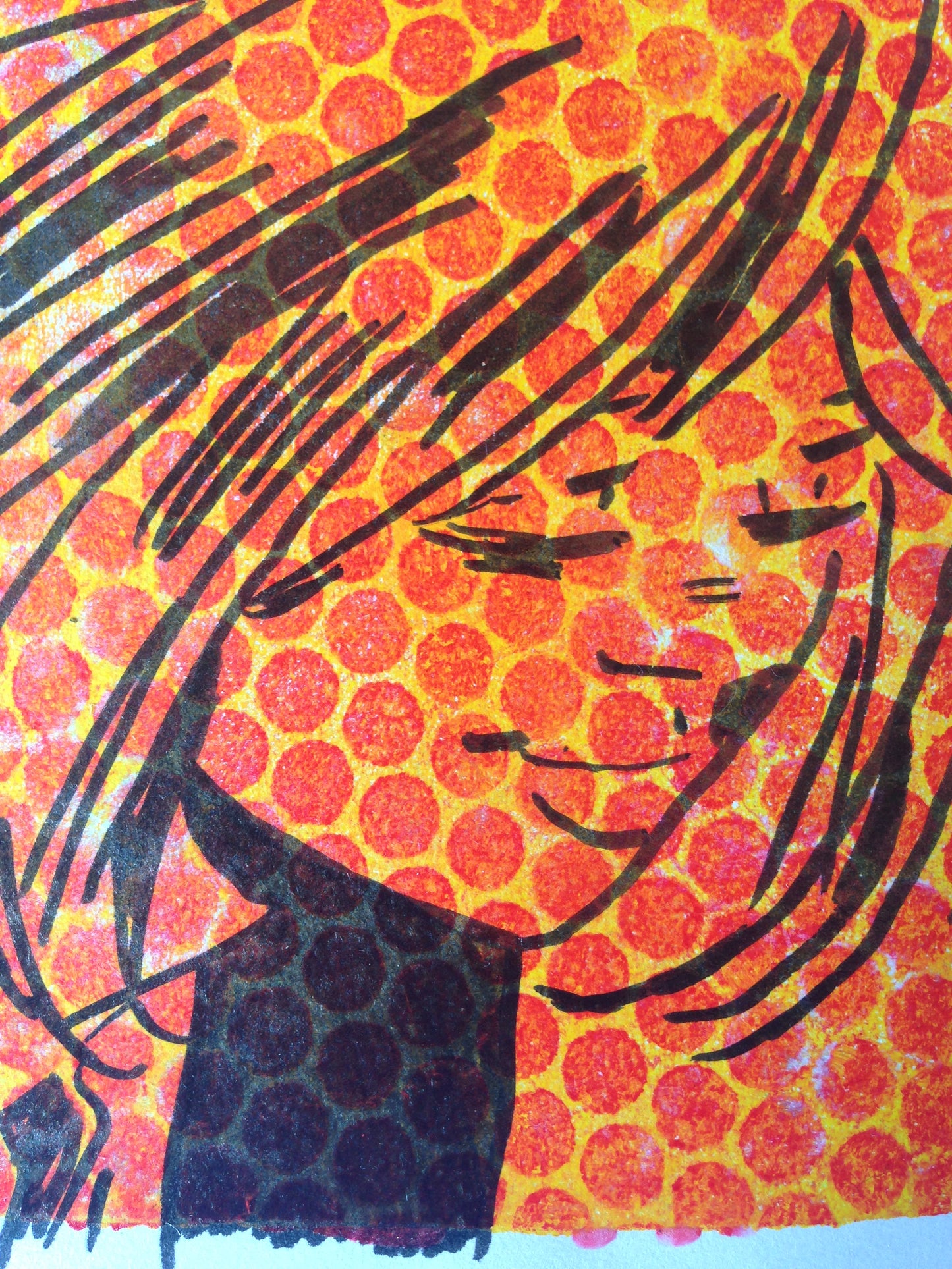 Yellow, red and black monoprint of a vintage inspired female character