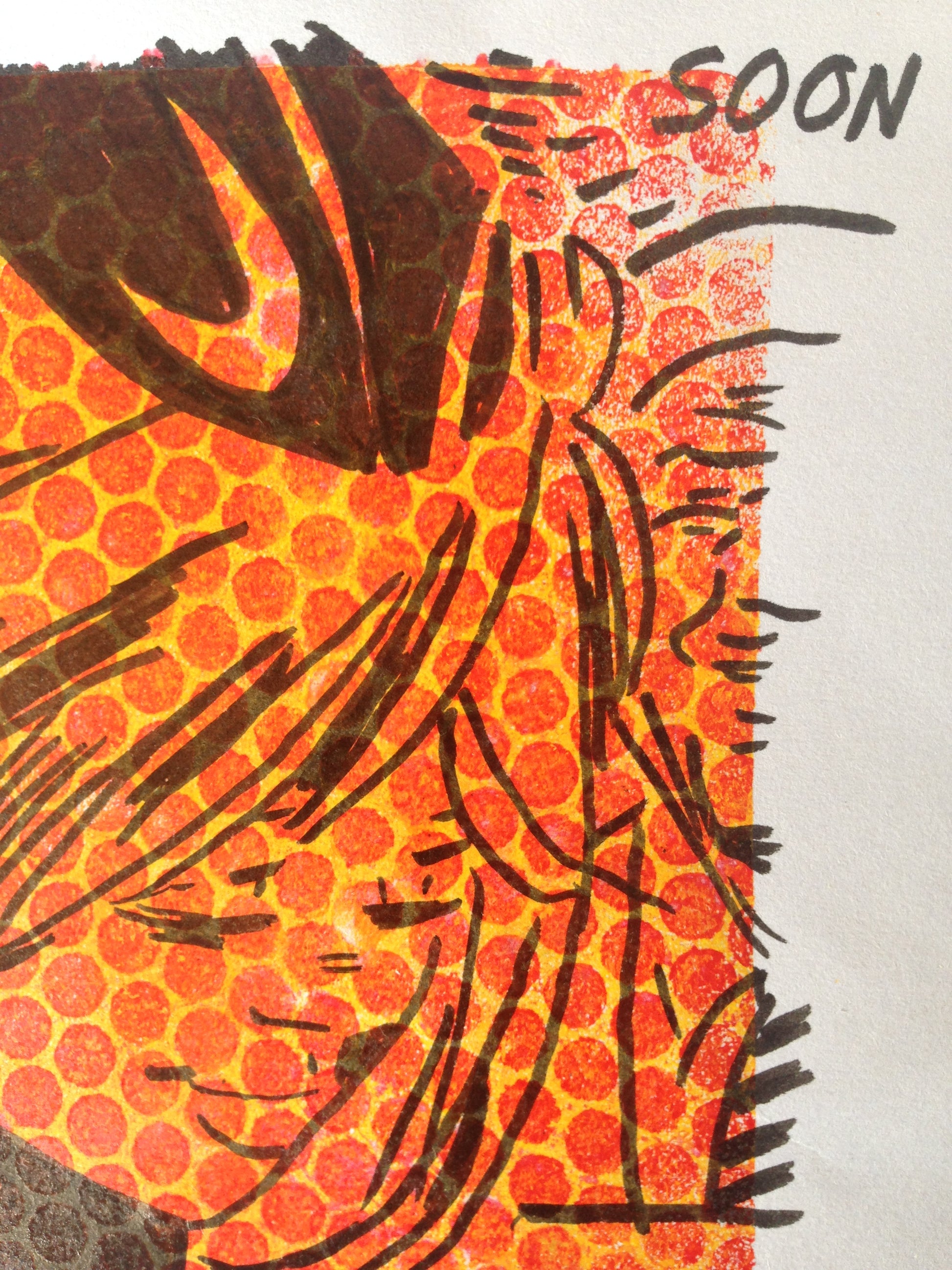 Yellow, red and black monoprint of a vintage inspired female character