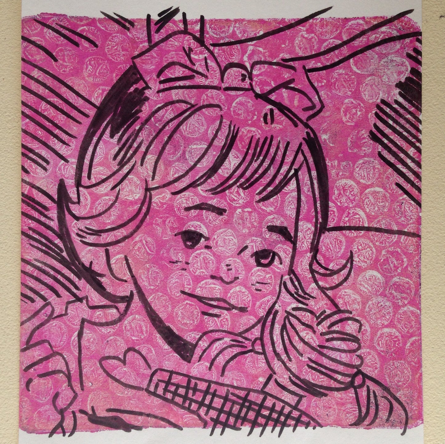 Pink and black monoprint of a vintage inspired female character