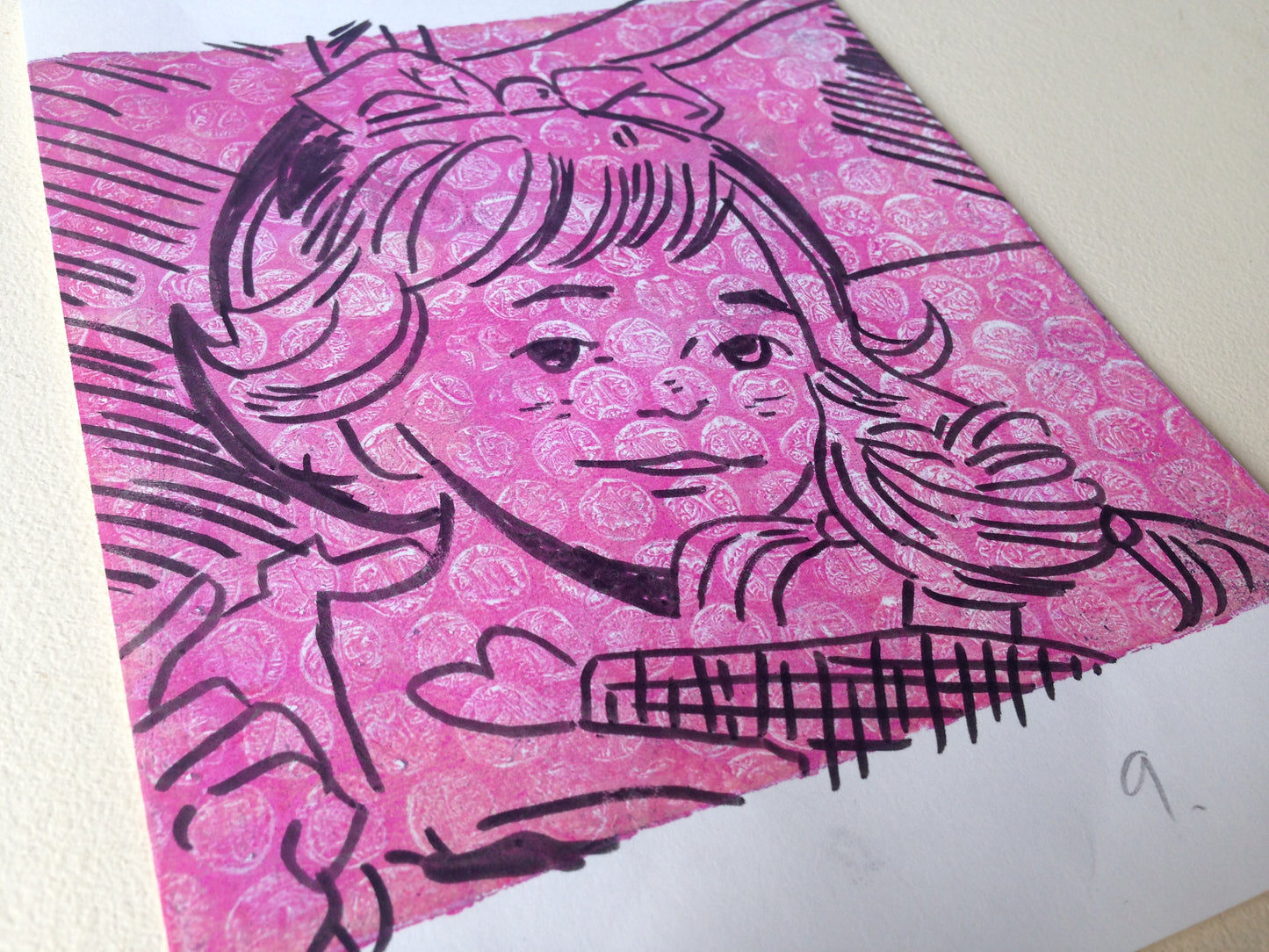 Pink and black monoprint of a vintage inspired female character