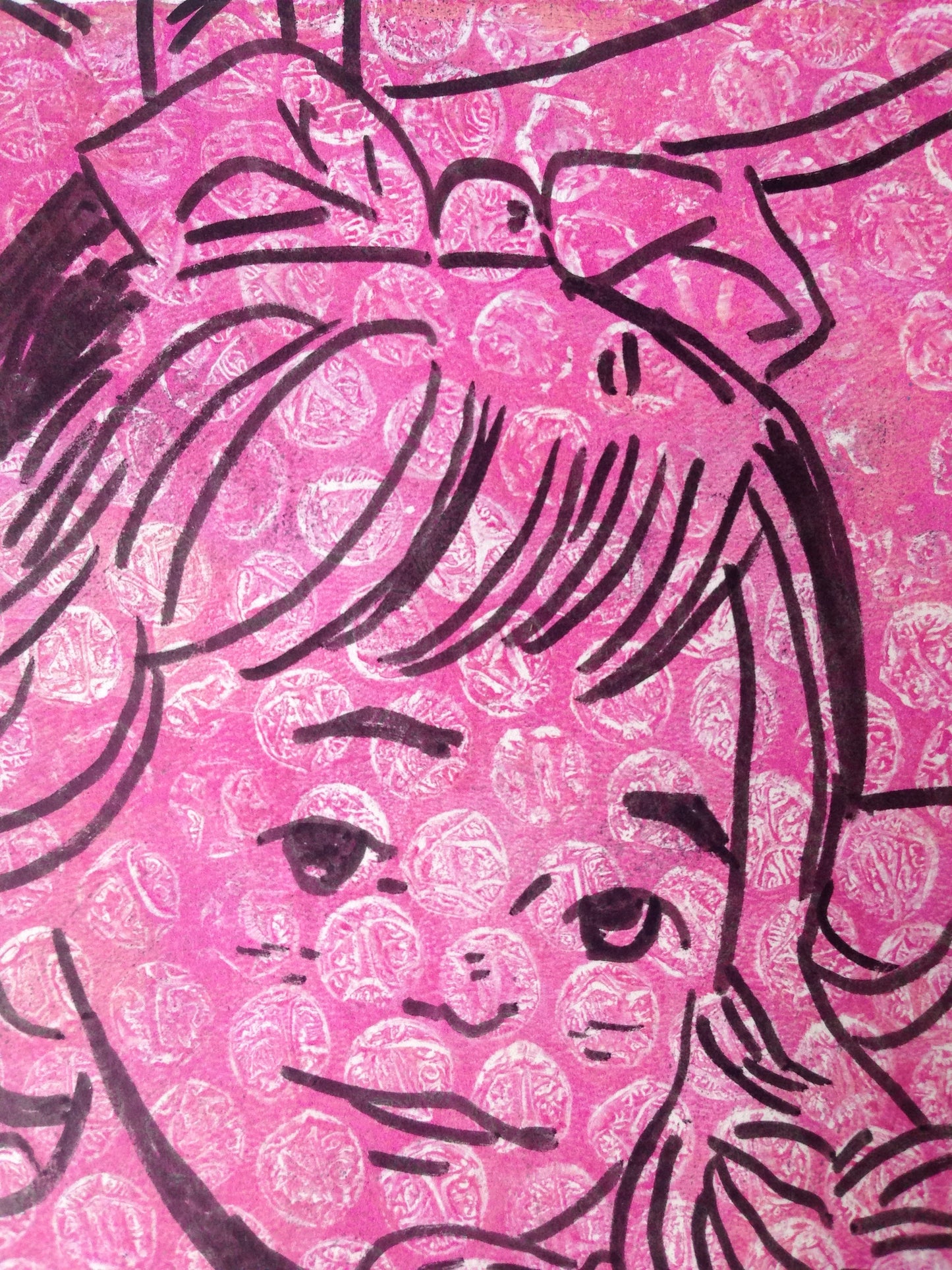Pink and black monoprint of a vintage inspired female character