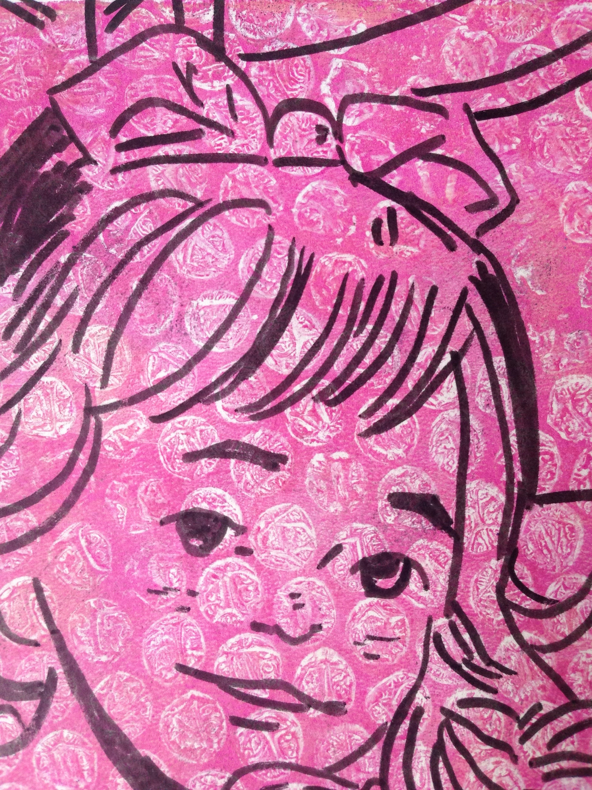 Pink and black monoprint of a vintage inspired female character