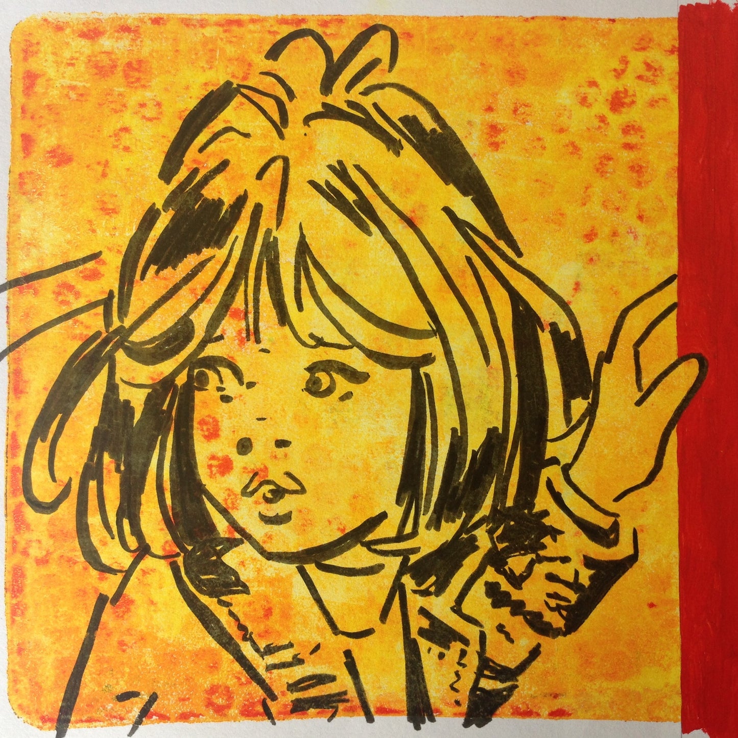 Yellow, red and black monoprint of a vintage inspired female character