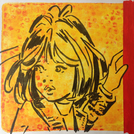 Yellow, red and black monoprint of a vintage inspired female character