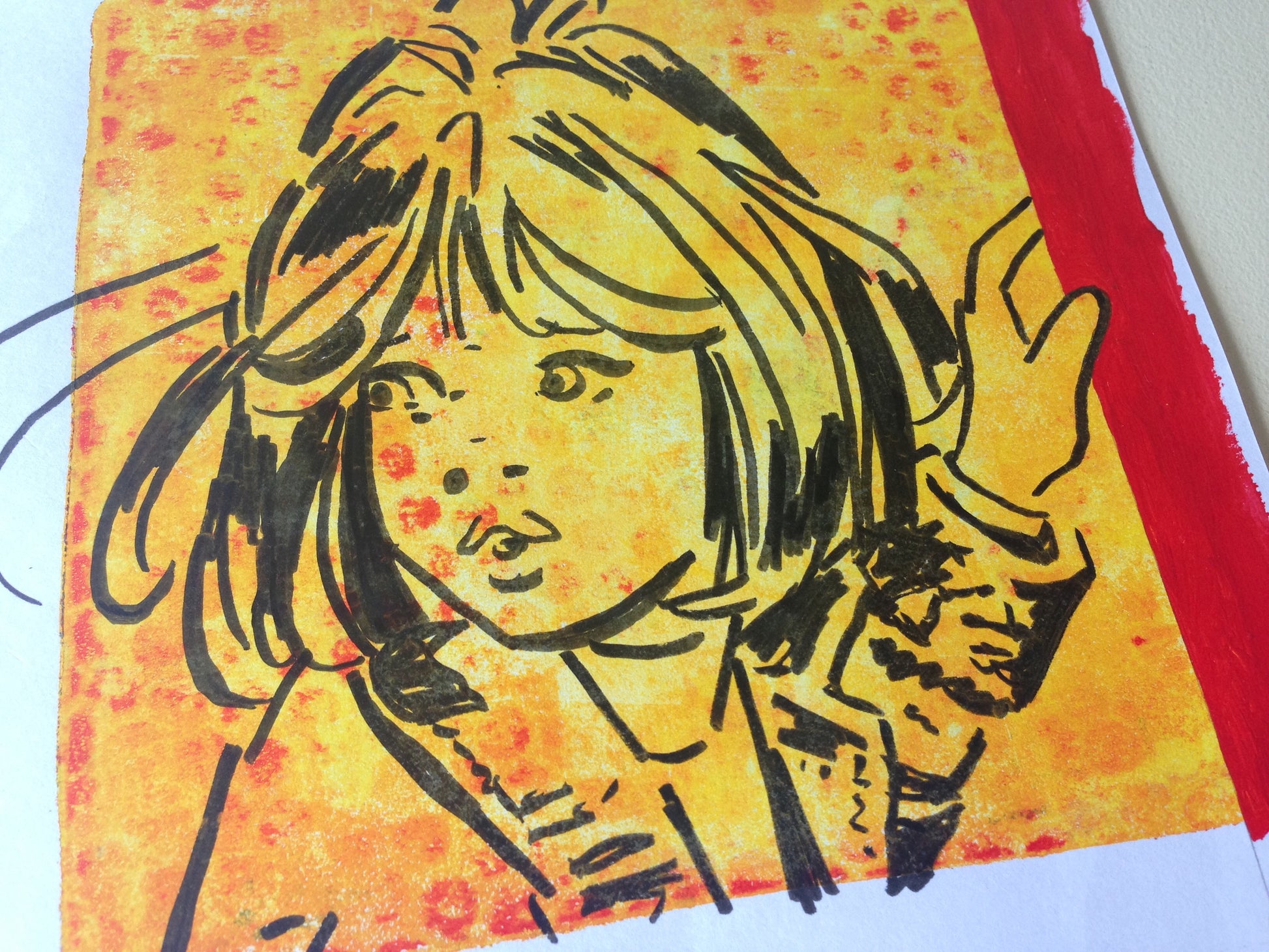 Yellow, red and black monoprint of a vintage inspired female character