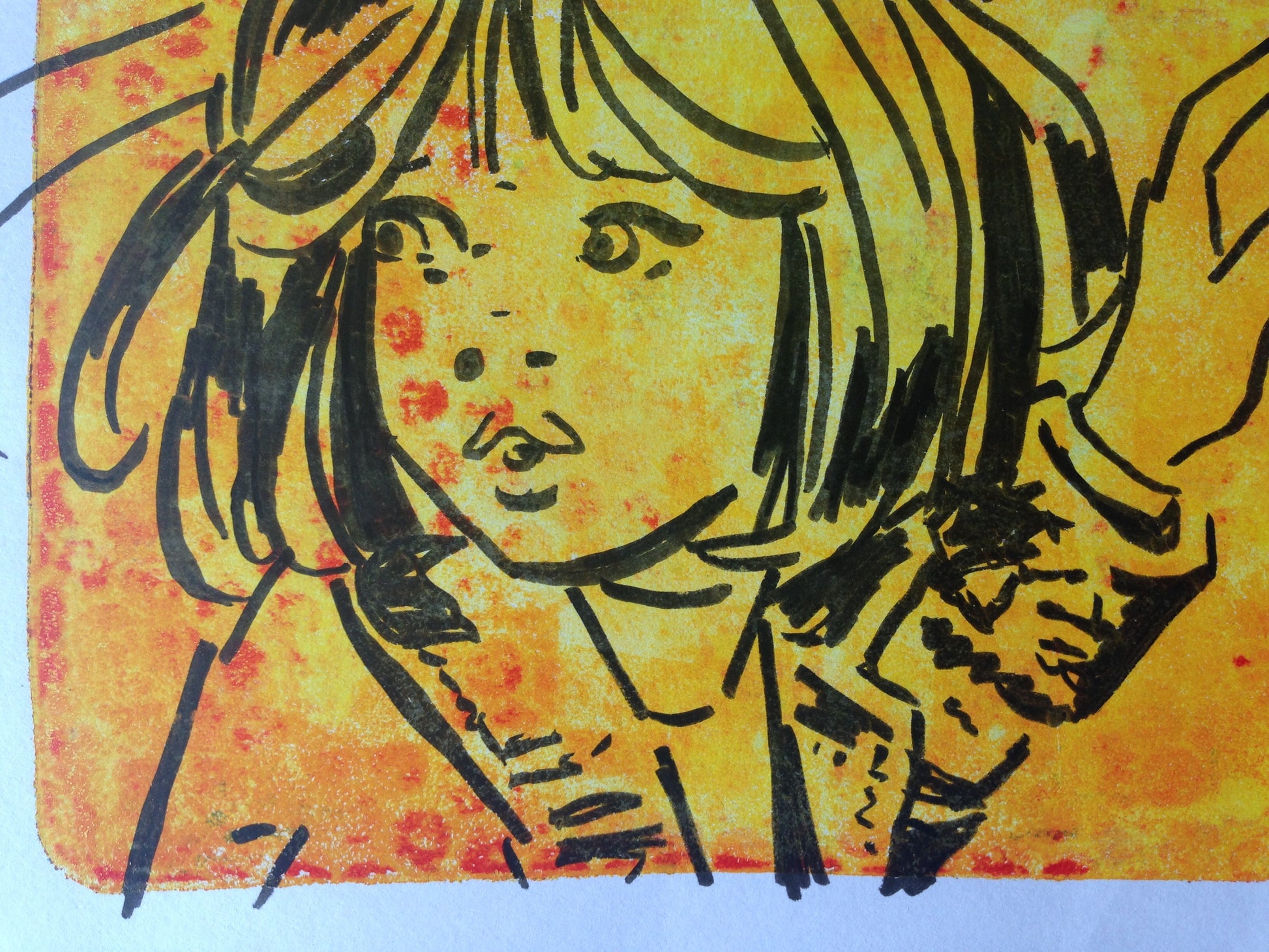 Yellow, red and black monoprint of a vintage inspired female character