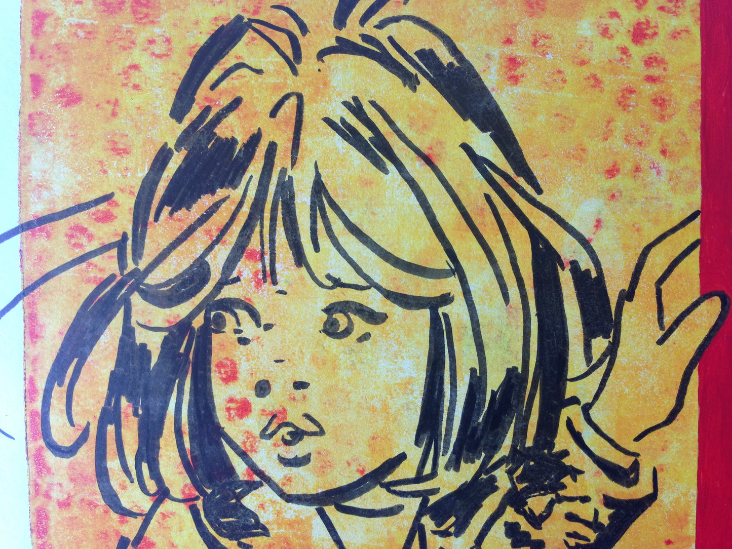 Yellow, red and black monoprint of a vintage inspired female character
