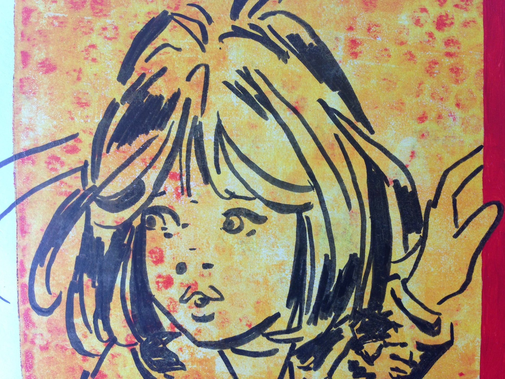 Yellow, red and black monoprint of a vintage inspired female character